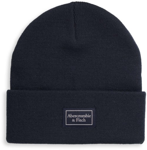 Eine dunkelblaue Mütze mit einem Etikett, auf dem "Abercrombie & Fitch" steht.