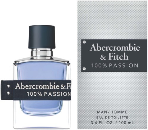 En parfyllfärrflaska med blå vätskelabel och en matchande förpackning med varumärket och slogan.