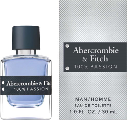 En parfymflaska och en förpackningsetikett som visar 'Abercrombie & Fitch 100% Passion' för män, med en mörk kork och blå vätska.