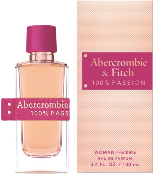 A perfume bottle with pink cap and label, next to a pink patterned box. The text mentions 'Abercrombie & Fitch' and '100% Passion.'