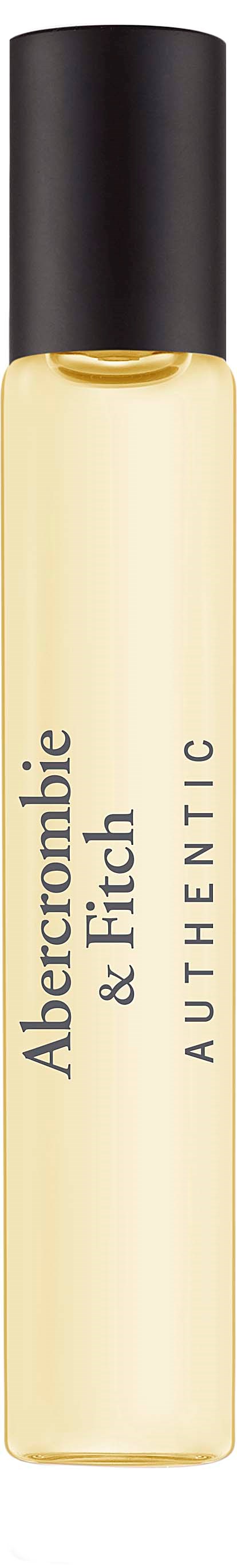 En parfymeflaske med svart lokk og lys gul væske, merket Abercrombie & Fitch Authentic.