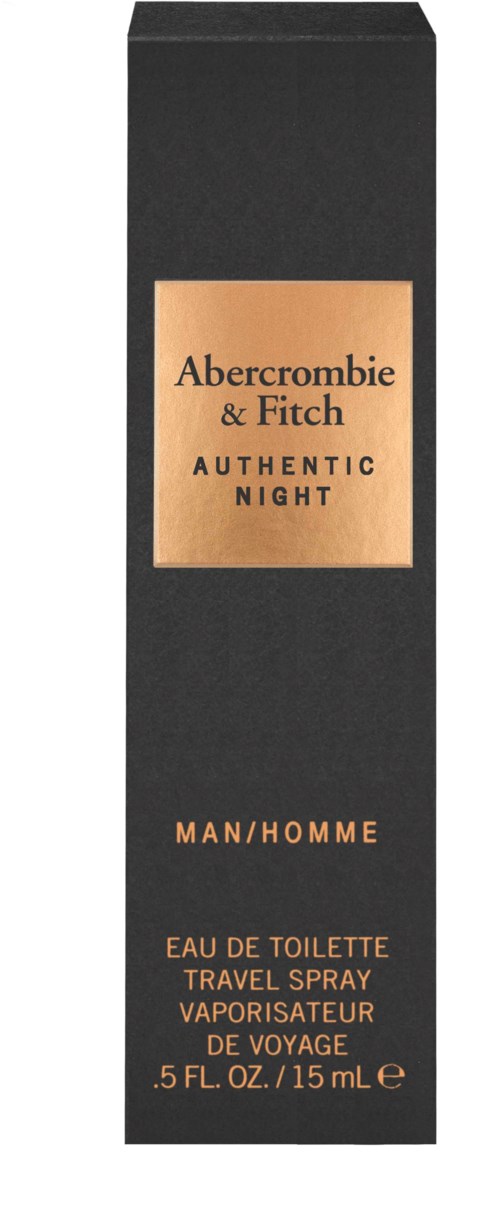 Schwarze Verpackung mit goldener Beschriftung, steht Abercrombie & Fitch, Authentic Night, Man, Eau de Toilette, Reisespray.