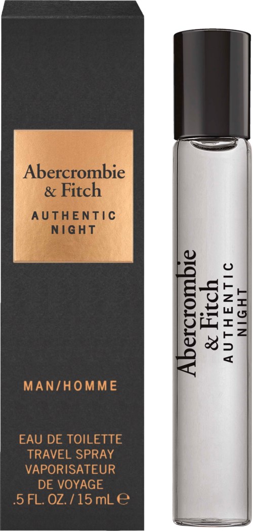 Eine schwarze Schachtel und eine klare Sprühflasche mit schwarzem Deckel, zeigen Abercrombie & Fitch Authentic Night Eau de Toilette.