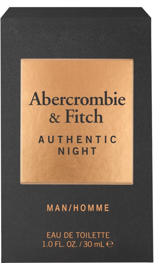 En svart ask med guldfärgad etikett visar Abercrombie & Fitch Authentic Night herrparfym, 30 ml.
