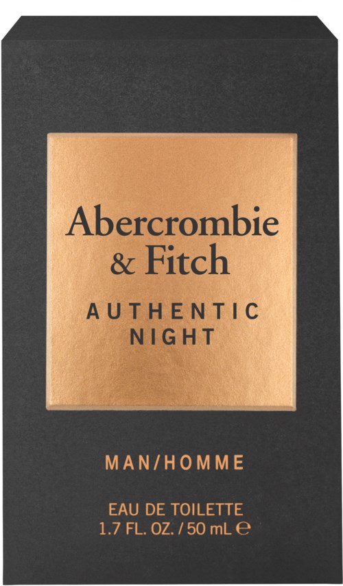 En svart förpackning med en beige etikett som visar Abercrombie & Fitch Authentic Night-parfym.