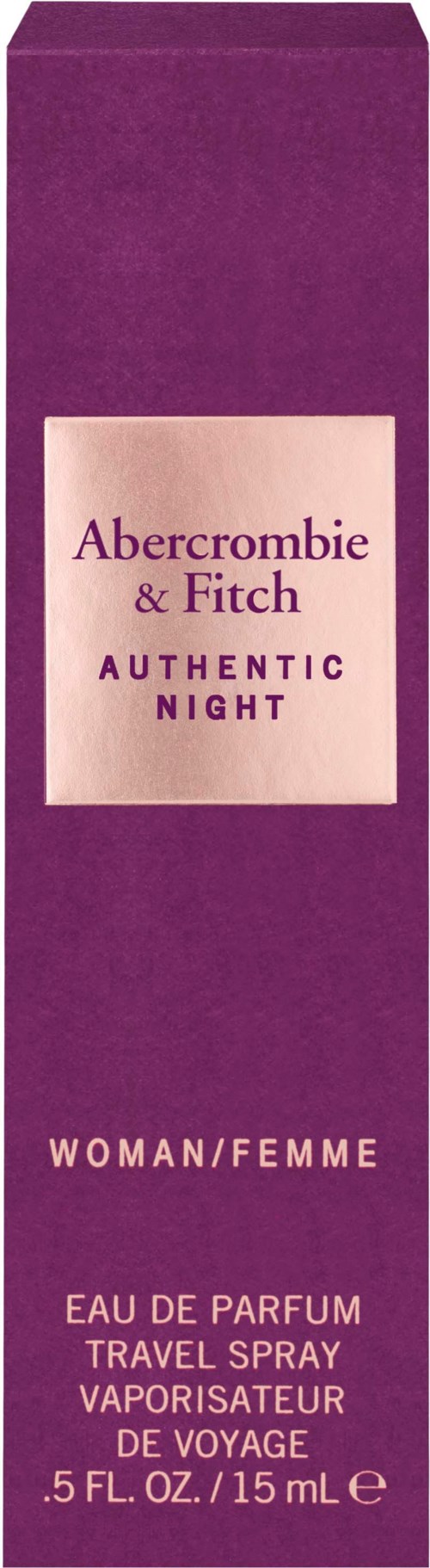Lilla eske med Abercrombie & Fitch-logo, nevner Authentic Night-parfyme, for kvinner, 15 ml.