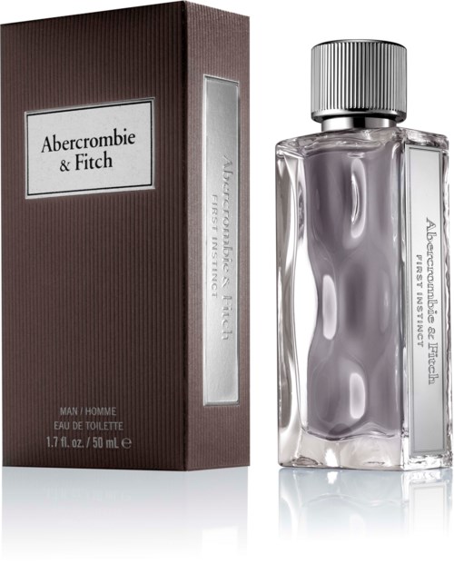 Butelka perfum i pudełko są pokazane, oba oznaczone jako Abercrombie & Fitch, z eleganckim designem i srebrnym korek.