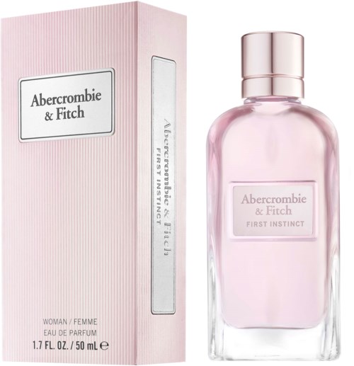 En rosa parfytt flaska och dess box, båda märkta 'Abercrombie & Fitch First Instinct' för kvinnor, 50 ml.