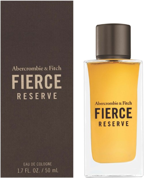 En flaska gul parfym bredvid en mörk låda med texten Fierce Reserve av Abercrombie & Fitch.