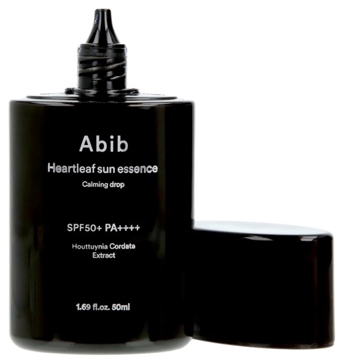 A black bottle with a dropper cap labeled 'Abib Heartleaf sun essence' and SPF 50+ PA++++, with a separate black cap.