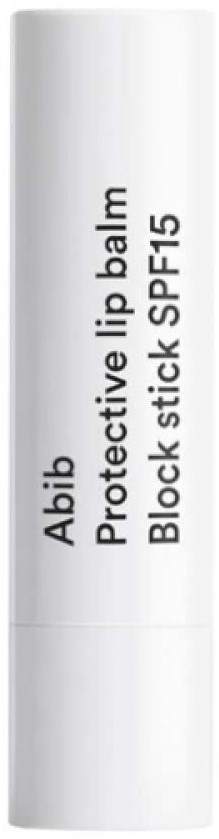 A white tube labeled 'Abib Protective Lip Balm Block Stick SPF 15'. It appears to be a skincare product.