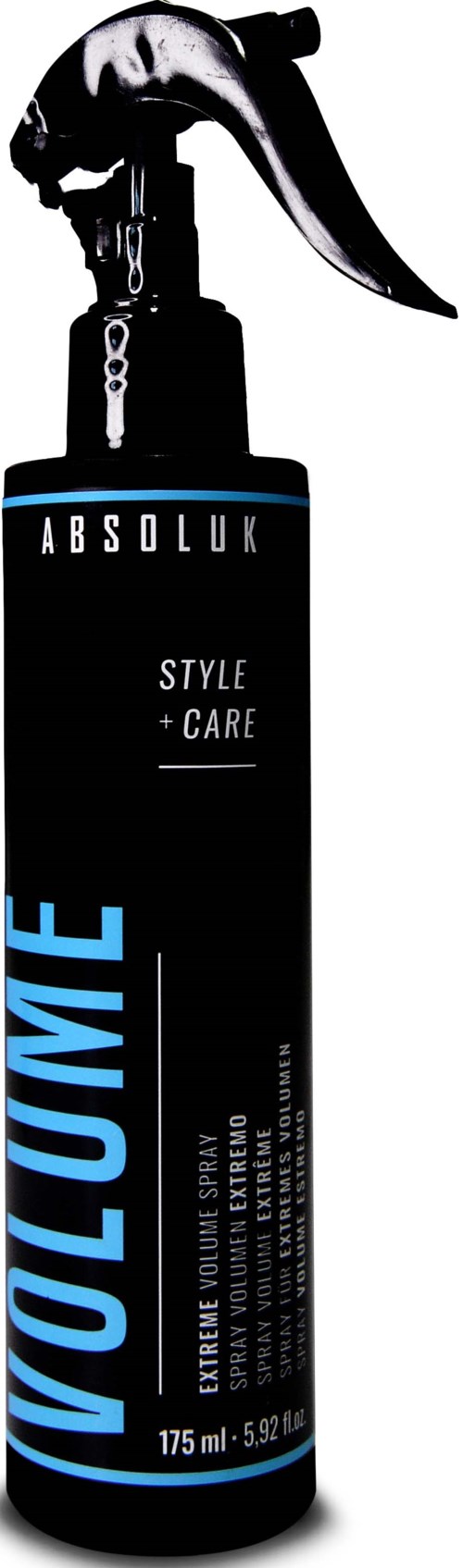 A styling hair spray bottle with a black design, blue text, and a spray nozzle.