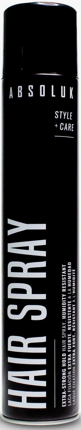 En sort spraydåse mærket 'Hair Spray' af Absoluk med hvid tekst, stående oprejst mod en sort baggrund.