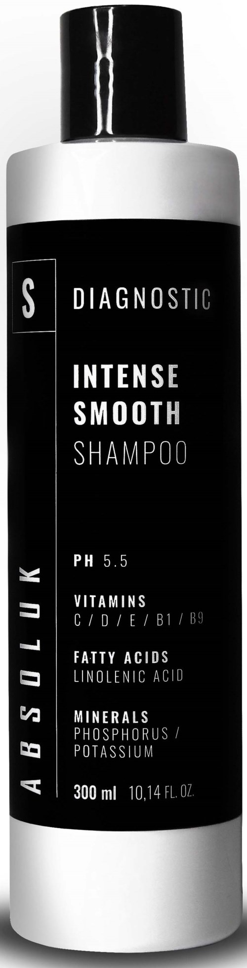 A black and white bottle labeled as 'Intense Smooth Shampoo' with details about pH, vitamins, fatty acids, and minerals.