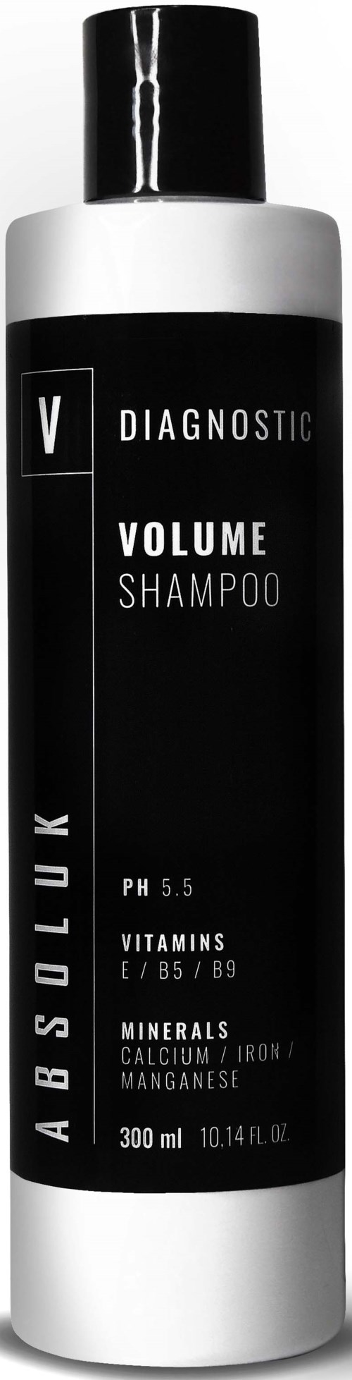 Svart og hvit flaske med volumenshampoo og etikett med ingredienser og pH-verdi.