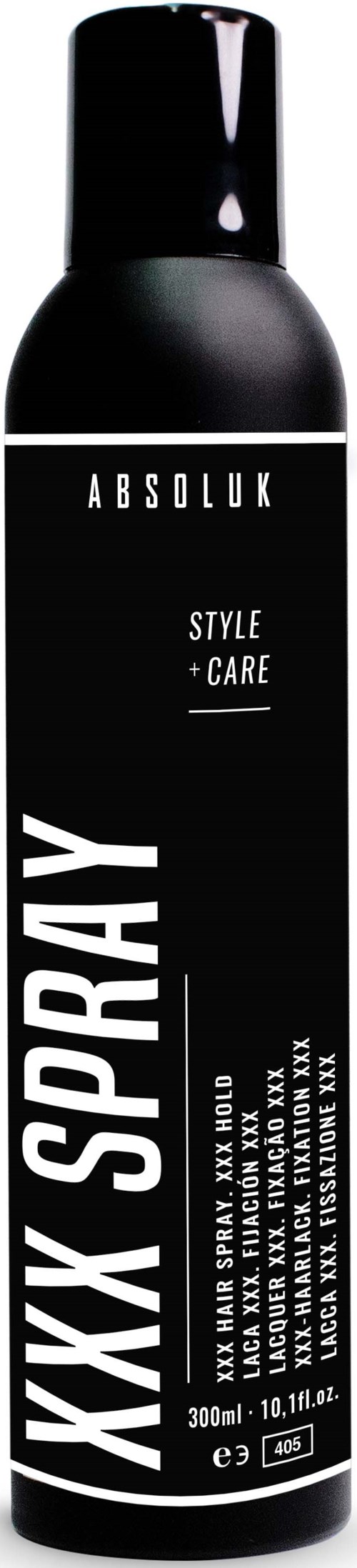 Eine schwarze und weiße Dose mit den Worten 'XXXY SPRAY' und 'ABSOLUK STYLE + CARE', wahrscheinlich ein Haar- oder Körperspray.