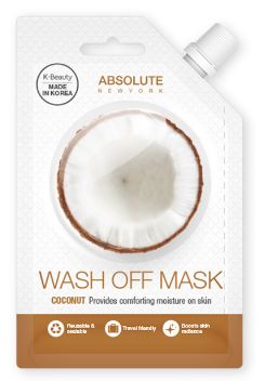 Emballasje for en kokosformet rensende ansiktsmaske med produktnavn og fordeler, hovedsakelig i hvite og brune farger.