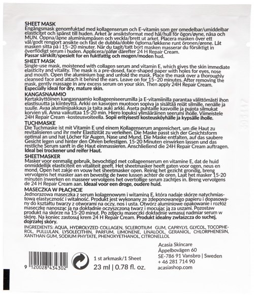 A mint green sheet mask with collagen, vitamin E, and other ingredients. Contains instructions and ingredients list.