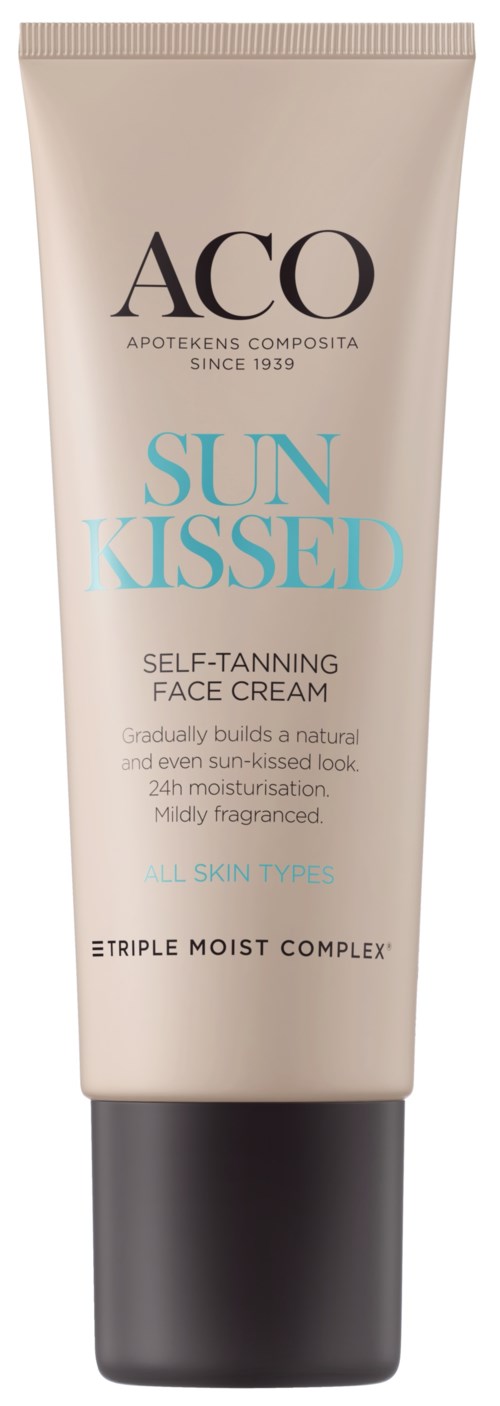 Eine Tube Selbstbräunende Gesichtscreme namens 'Sun Kissed' von ACO, für einen natürlichen, sonnengeküssten Look.