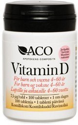 En burk märkt 'Vitamin D' av ACO, med svart lock, för barn och vuxna, visar doseringsinformation.