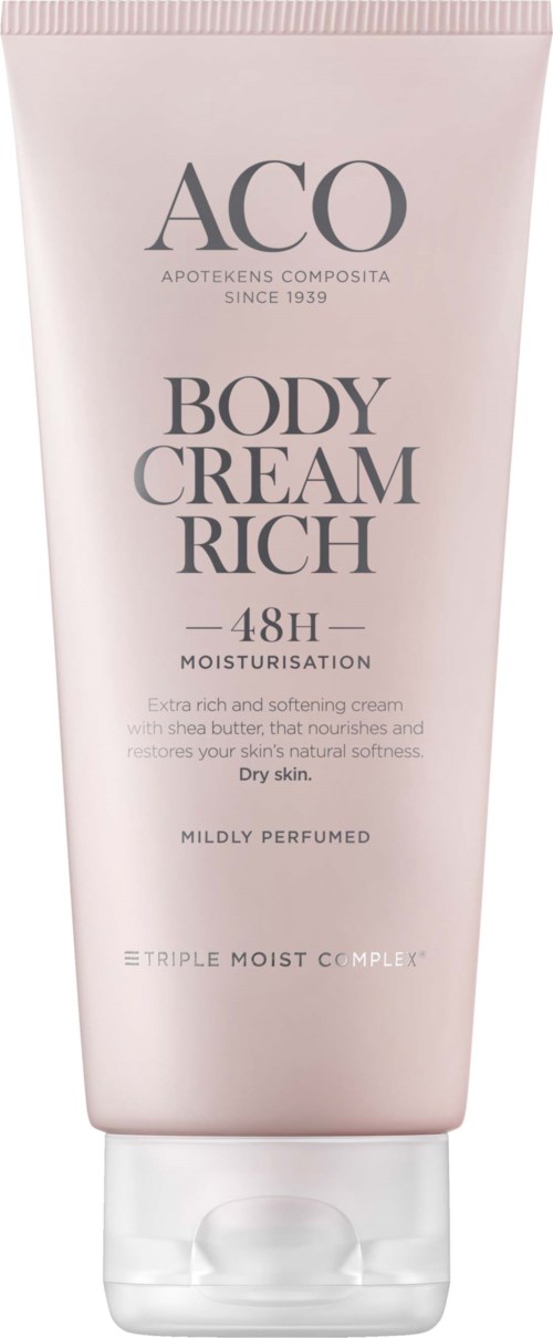 En rosa tub med kroppskräm märkt 'ACO Body Cream Rich' ger fukt och hydrering för torr hud, parfumerad.