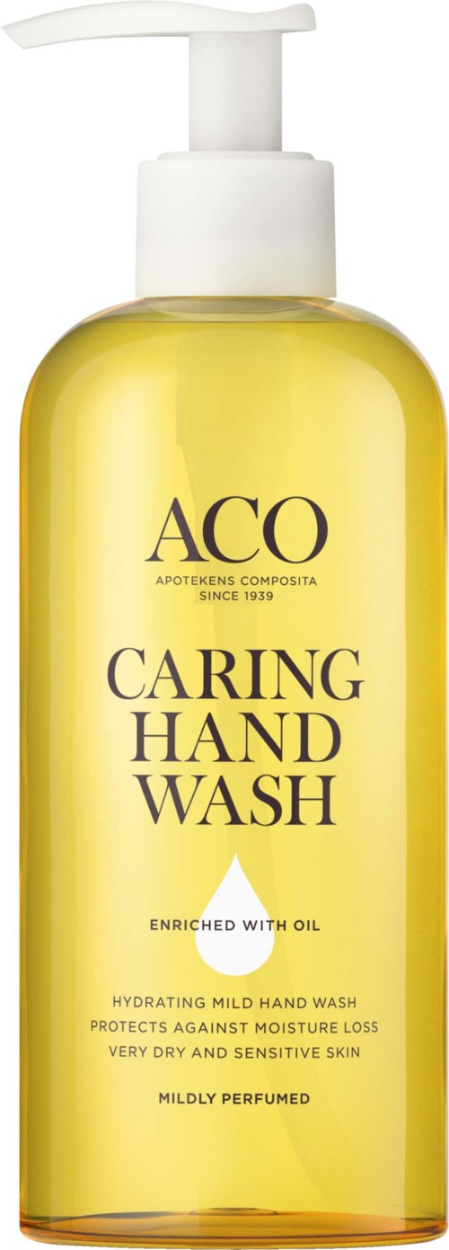 A yellow hand wash bottle with a white pump, label says 'Caring Hand Wash' and mentions oil enrichment and mild perfume.