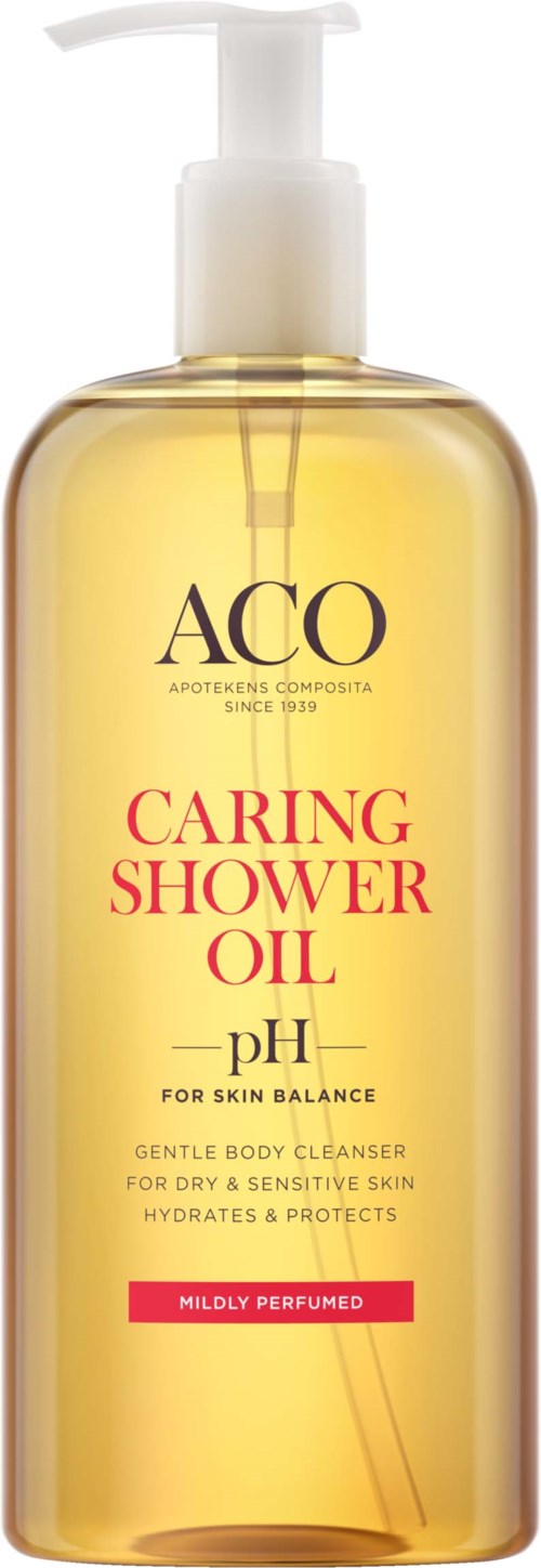 Gold-colored bottle with a pump, labeled 'Caring Shower Oil' and details about skin benefits, mildly perfumed.