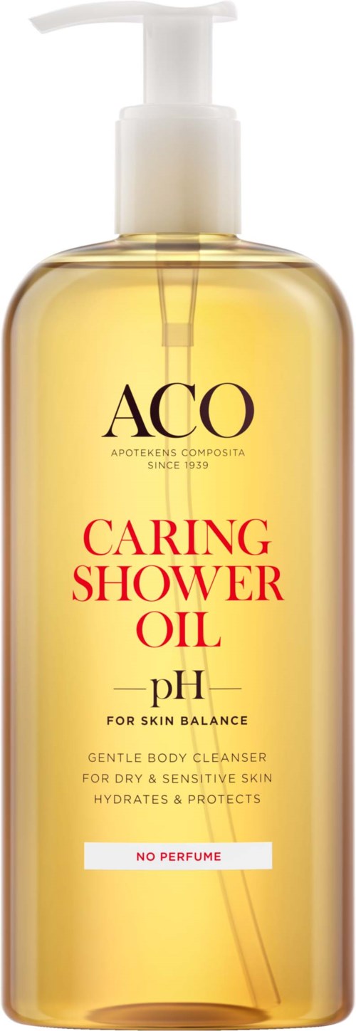 En gul flaska märkt 'Aco Caring Shower Oil' med pump, beskriven för känslig hud och utan parfym.