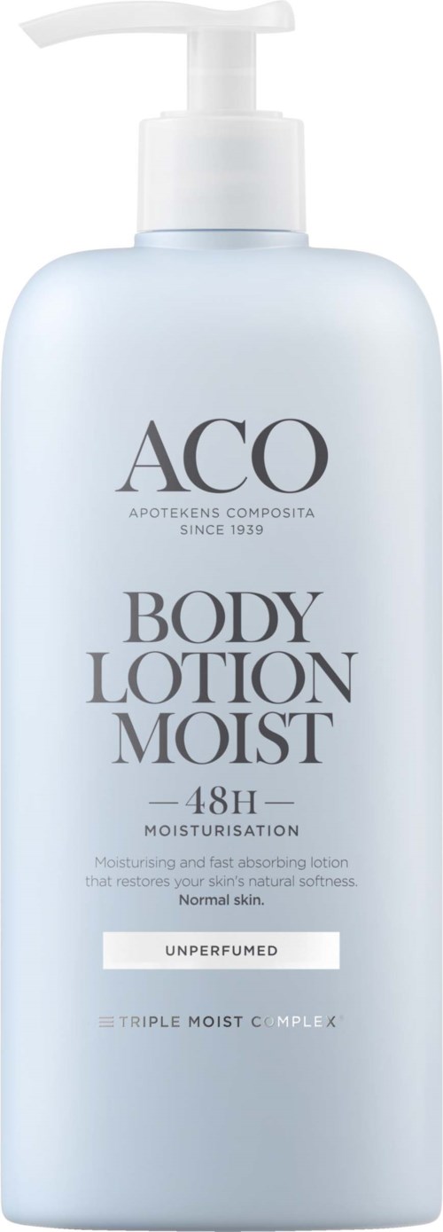 Eine weiße Flasche ACO Body Lotion mit Pumpkopf. Sie heißt 'Moisturiser' und '48h'. Duftfrei, für normale Haut.