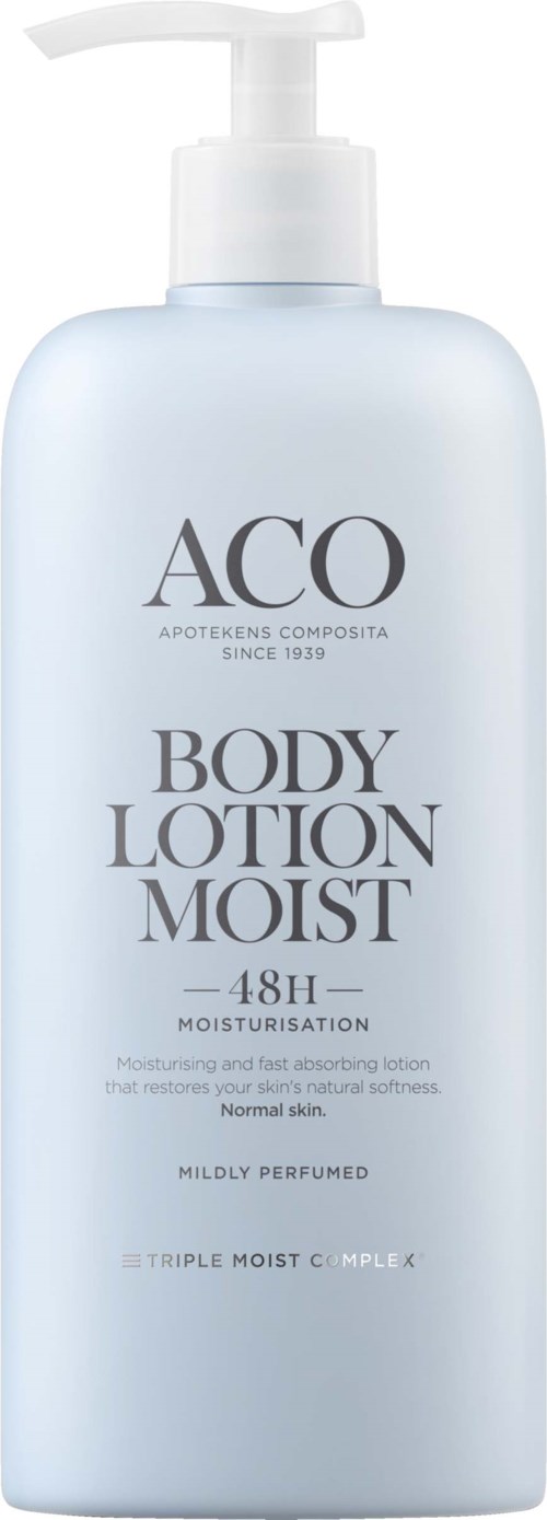 Eine weiße Flasche ACO Körperlotion mit Pumpe, für Feuchtigkeitsversorgung, 48 Stunden Wirkdauer, mild parfumiert.