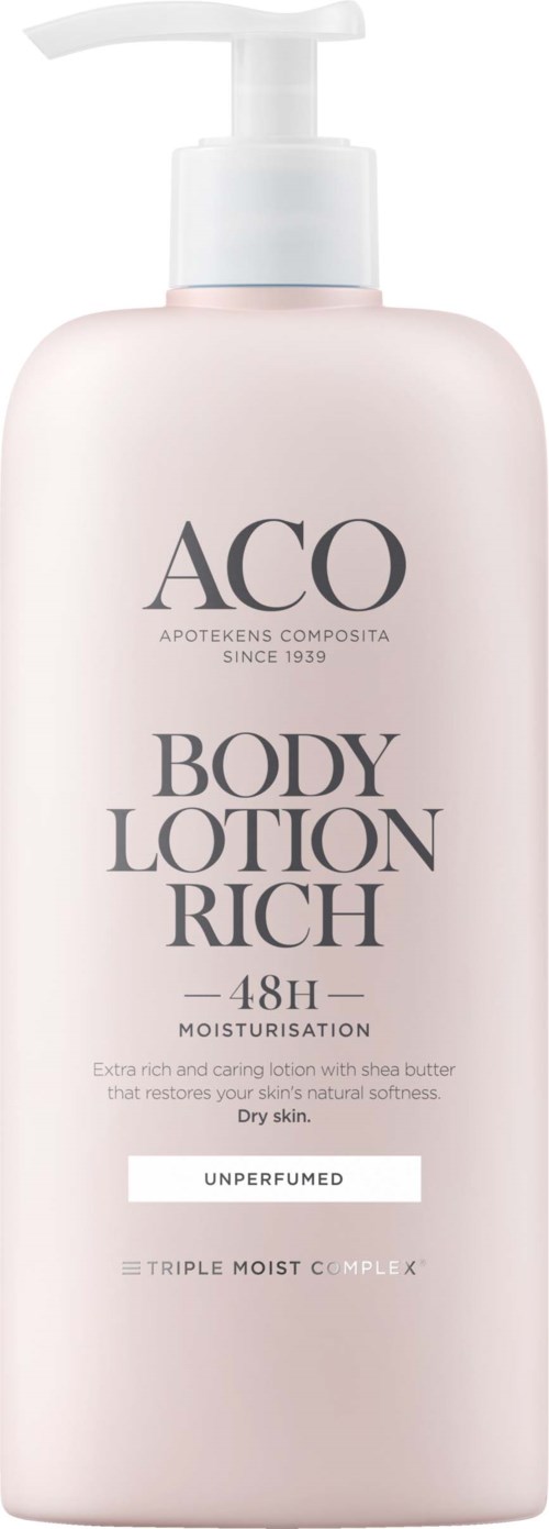 Eine blassrosa Flasche Bodylotion mit Pumpspender, beschriftet 'ACO Body Lotion Rich, 48h Feuchtigkeit, parfumfrei, für trockene Haut.'