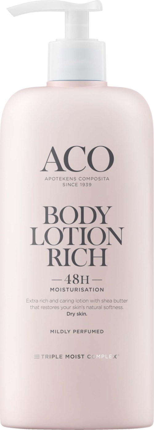 En ljusrosa flaska med pump, märkt 'ACO Body Lotion Rich, 48h återfuktning, lätt parfumerad, torr hud.'