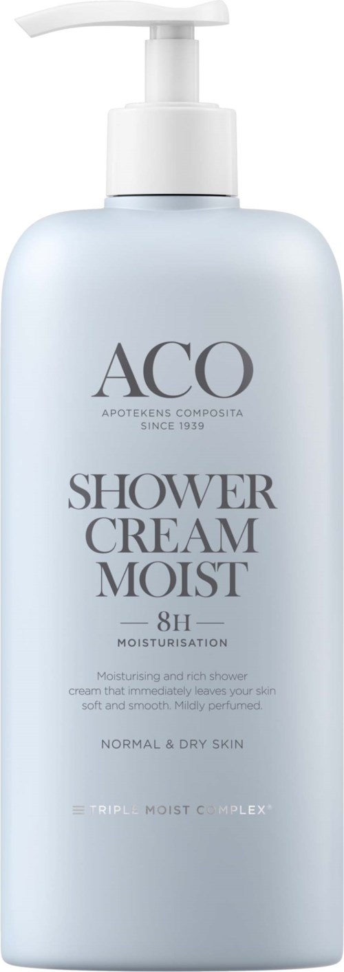 Eine weiße Flasche mit Pumpe, beschriftet 'ACO Shower Cream Moist' für feuchtigkeitsspendende Duschart. Für normale und trockene Haut.