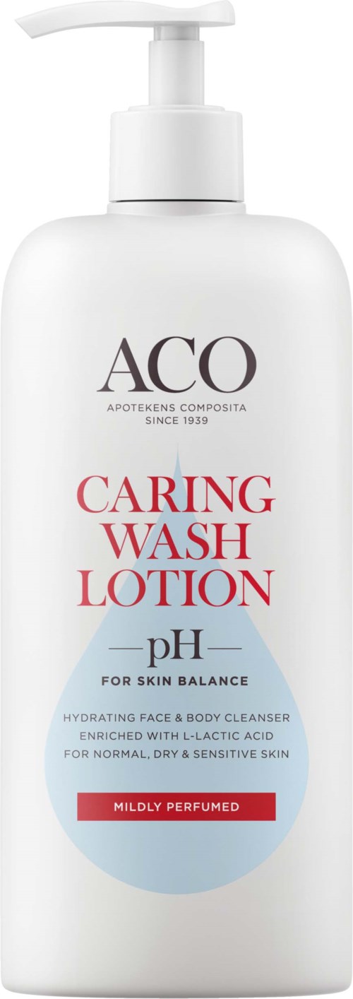 En vit flaska med pump märkta ACO Caring Wash Lotion, pH-balanserad, mildt doftande, för ansikte och kropp.