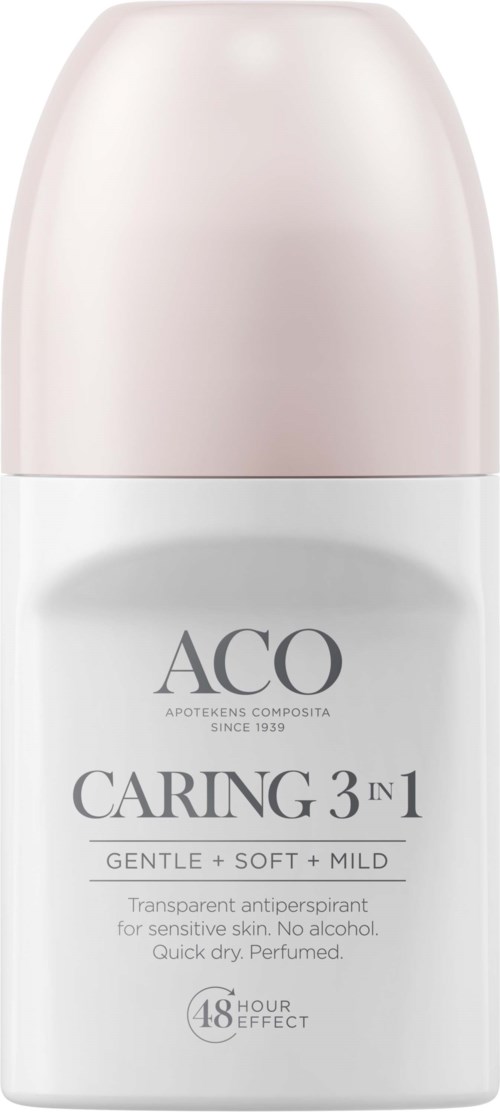 Eine weiße und rosa Flasche ACO Caring 3-in-1 Deodorant. Es ist sanft, mild und wirkt 48 Stunden.