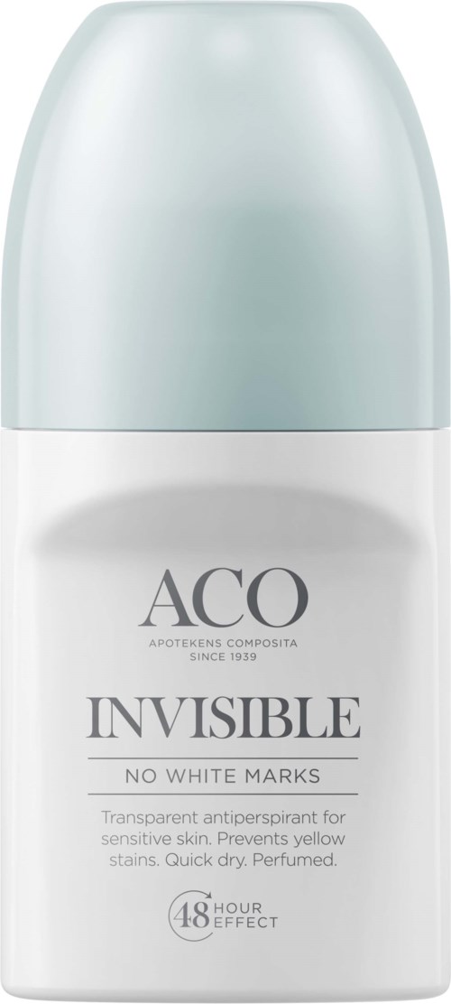 Eine weiße und hellblaue Roll-on-Flasche mit ACO Invisible, 48-Stunden-Schutz.
