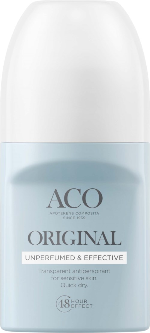En vit och ljusblå behållare av ACO Original deodorant, märkt som odoftig och effektiv med 48 timmars skydd.