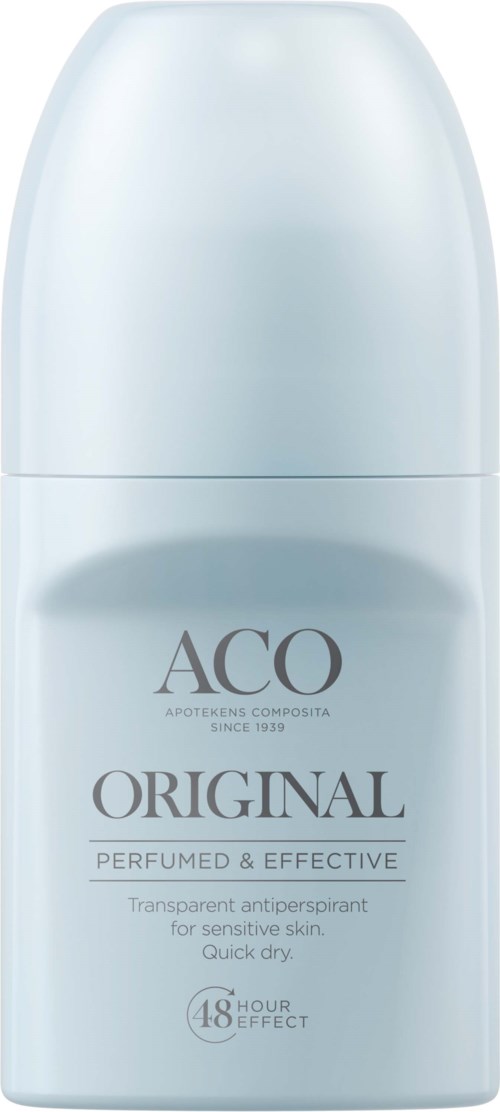 En vit deodorantbehållare märkt "ACO Original" med 48-timmars effekt och snabb torkfunktion.