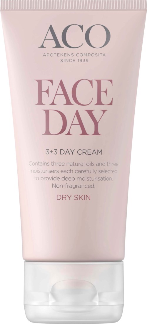 En ljus rosa tub med ansiktskräm som är märkt 'ACO FACE DAY, 3+3 DAY CREAM, torr hud.'