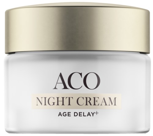 En vit burk med guldkork märkt 'ACO Night Cream Age Delay+' för hudvård på natten.
