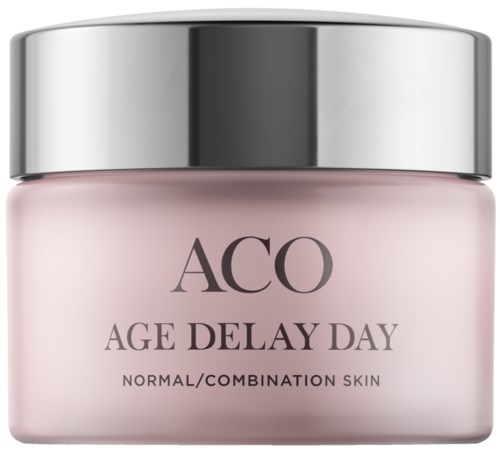 Ett rosa glas med ett silverlock, märkt "ACO Age Delay Day" för normal/blandad hud.