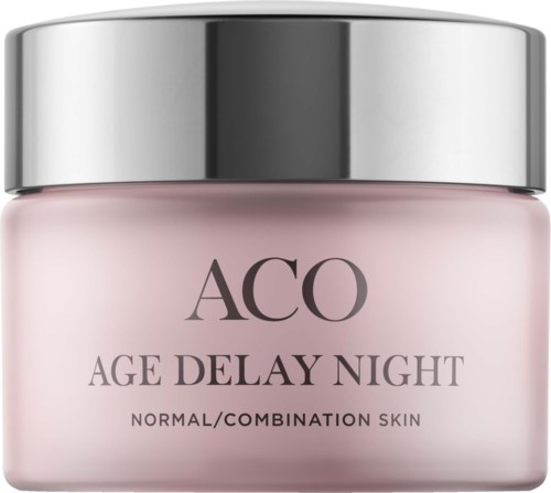 Pinkki voidepurkki, jossa lukee 'ACO Age Delay Night' normaalille ja sekaiholle.