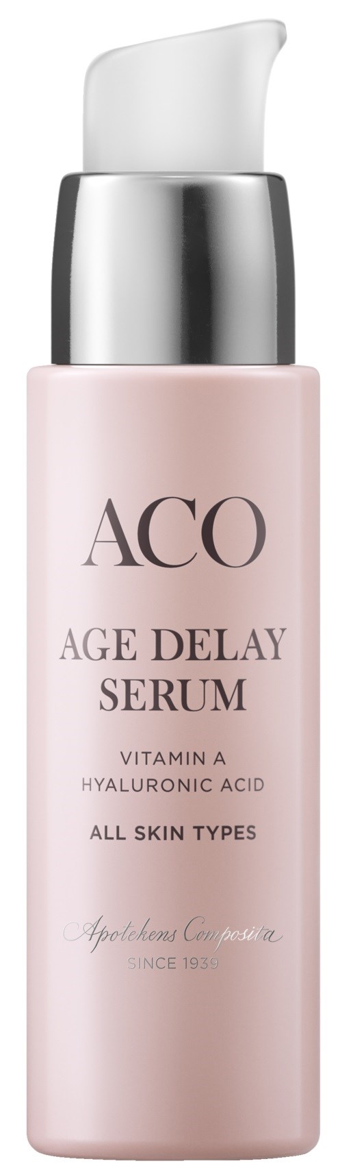 A pink bottle with a pump top, labeled 'ACO Age Delay Serum' for all skin types.