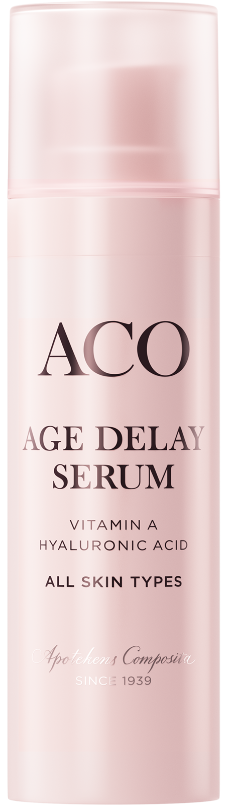 A pink bottle labeled ACO Age Delay Serum, containing vitamin A and hyaluronic acid for all skin types.