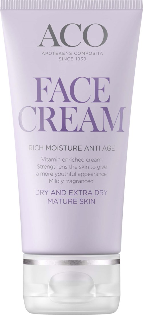 Rör av ansiktskräm för torr och mogen hud, med lila och vit förpackning, märkta som anti-aging och fuktgivande.