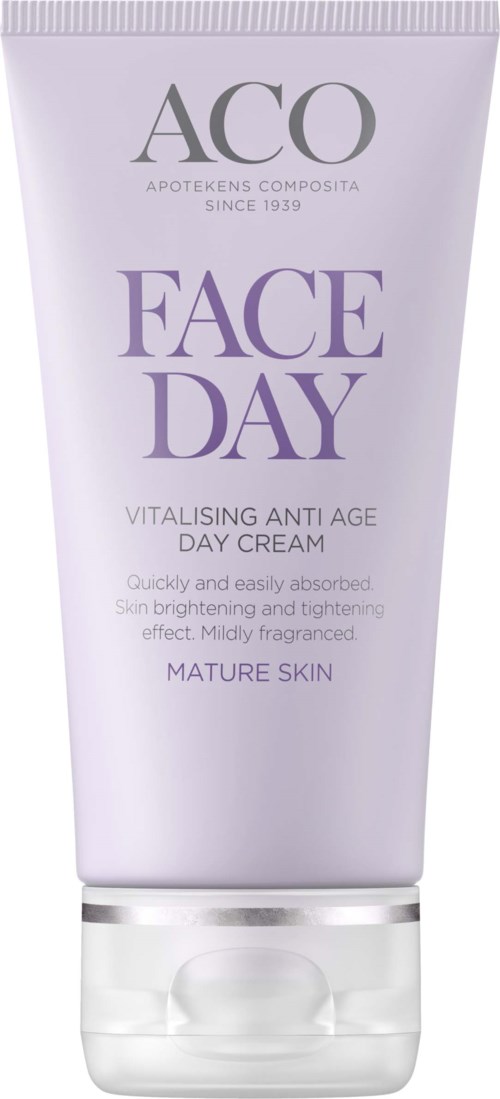 A tube of face cream labeled 'ACO Face Day' for anti-aging, brightening, and tightening, for mature skin.