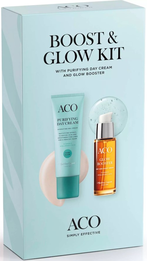 Ett hudvårdsset med dagkräm och glow-boosters i en ljusblå box, märkt 'Boost & Glow Kit'.