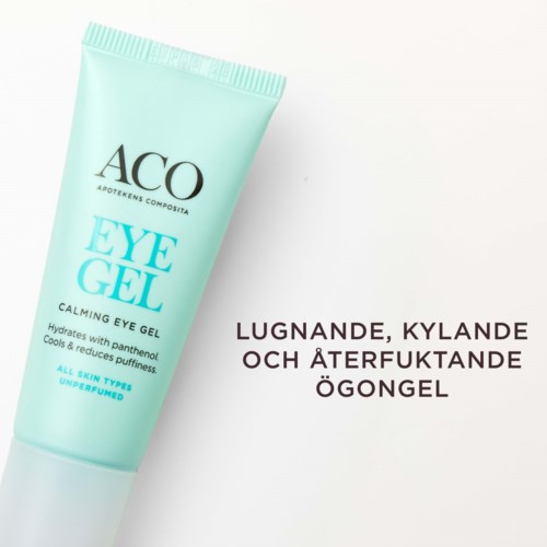 En ljusblå tub med ögon gel, märkt 'ACO Eye Gel', med beskrivningar i svart text, bredvid svensk text om ögonhälsa.