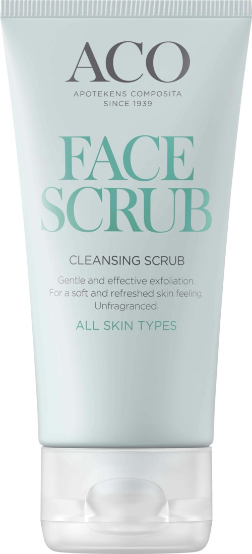 A light green face scrub tube labeled 'ACO Face Scrub' for all skin types, designed for gentle skin exfoliation.