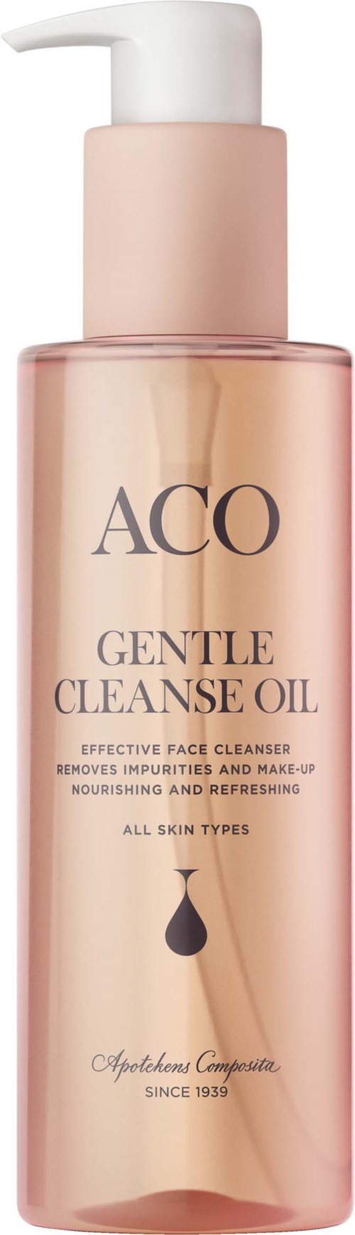 En rosa flaska med pump märkt ACO Gentle Cleanse Oil, lämplig för alla hudtyper.